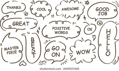 Comic style cute quote outline speech bubble with positive words. Set of hand drawn memo frame. Cartoon doodle crayon drawing cloud, box, message. Flat vector. Best, Awesome, WOW, Master, Piece, Go