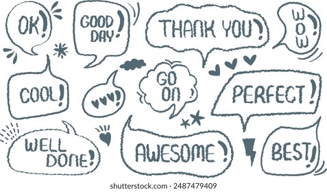 Comic style cute quote outline speech bubble with positive words. Set of hand drawn memo frame. Cartoon doodle crayon drawing cloud, box, message. Flat vector. Best, Awesome, WOW, Go, Perfect, Good