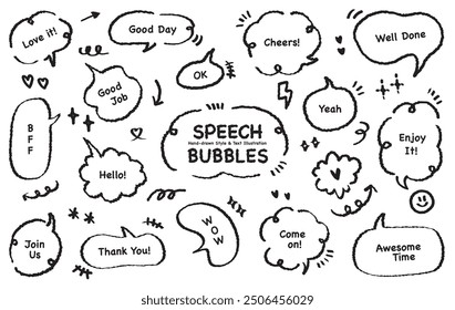 Comic style cute quote outline speech bubble with positive words. Set of hand drawn memo frame. Cartoon doodle crayon drawing cloud, box, message. Flat vector Good job Well done Enjoy Cheers Thank you