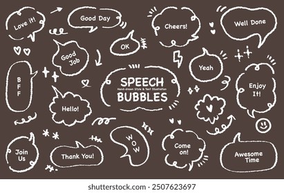 Comic style cute quote outline speech bubble with positive words. Set of hand drawn memo frame. Cartoon doodle crayon drawing cloud, box, message. Flat vector Hello WOW Love Awesome Time BFF Come on