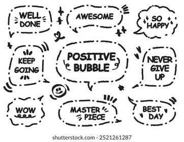 Comic style cute quote outline speech bubble with positive words. Set of hand drawn memo frame. Cartoon doodle crayon drawing cloud, box, message. Flat vector Best Day Awesome Masterpiece Happy WOW