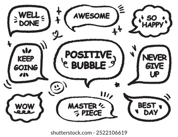 Comic style cute quote outline speech bubble with positive words. Set of hand drawn memo frame. Cartoon doodle crayon drawing cloud, box, message. Flat vector Best Day Awesome Masterpiece Happy WOW