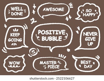 Comic style cute quote outline speech bubble with positive words. Set of hand drawn memo frame. Cartoon doodle crayon drawing cloud, box, message. Flat vector Best Day Awesome Masterpiece Happy WOW