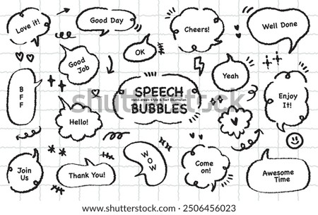Comic style cute quote outline speech bubble with positive words. Set of hand drawn memo frame. Cartoon doodle crayon drawing cloud, box, message. Flat vector Hello WOW Love Awesome Time BFF Come on