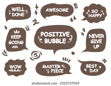 Comic style cute quote speech bubble with positive words. Set of hand drawn memo frame. Cartoon doodle crayon drawing cloud, box, message. Flat vector Well done Masterpiece Best day Awesome Keep WOW