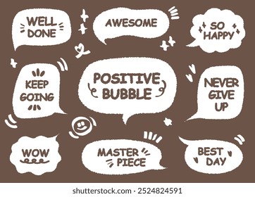 Comic style cute quote speech bubble with positive words. Set of hand drawn memo frame. Cartoon doodle crayon drawing cloud, box, message. Flat vector Well done Masterpiece Best day Awesome Keep WOW