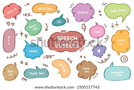 Comic style cute quote speech bubble with positive words. Set of hand drawn memo frame. Cartoon doodle crayon drawing cloud, box, message. Flat vector. Good job Well done Enjoy Awesome Time Love BFF