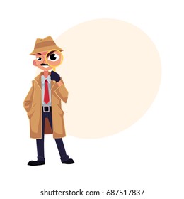 Comic style detective character looking through magnifying glass, cartoon vector illustration with space for text. Full length portrait of funny detective character looking through magnifier