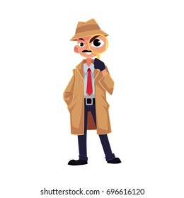 Comic Style Detective Character Looking Through Magnifying Glass, Cartoon Vector Illustration Isolated On White Background. Full Length Portrait Of Funny Detective Character Looking Through Magnifier