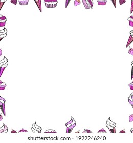 Comic style doodle frame consists of black, pink and white border. Seamless. Vector illustration.