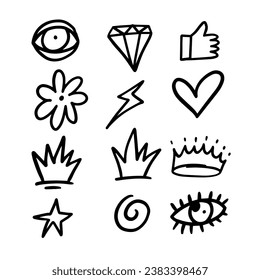 Comic style doodle icons set. Different elements vector art. Isolated on white background.