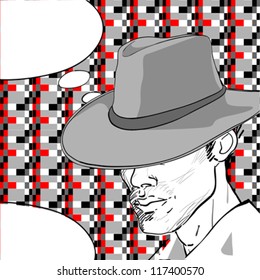 comic style drawing of a man with a retro hat over a pixel art background and a speech bubble for your text