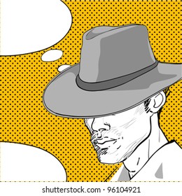 comic style drawing of a man with a retro hat and a speech bubble for your text