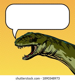 Comic style drawing of a talking dinosaur head with empty space for your text. Square illustration for internet post and social network. Vector clipart