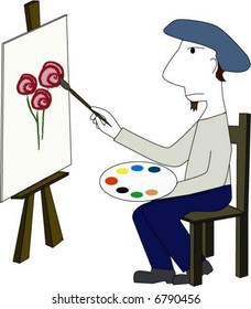 a comic style drawn painter painting roses on a canvas with oil colors