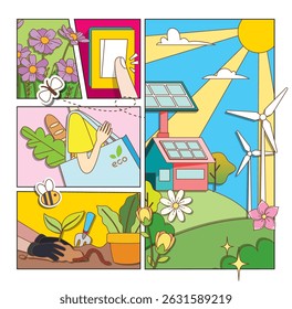 Comic style eco sustainable living environment friendly activism recycle solar wind energy conservation