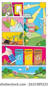 Comic style eco sustainable living environment friendly activism recycle solar wind energy conservation