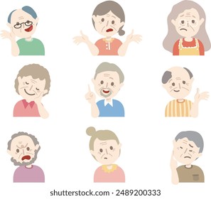 Comic style elder people character avatar. Colorful hand drawn ole people profile with variety facial emotions chat. 
Old senior face expression. Flat abstract line drawing style head vector. grand