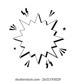 Comic Style Explosion Burst Graphic. Black and white comic-style explosion or burst graphic with jagged edges and dynamic elements like lightning bolts, stars, and rays. Vector illustration.