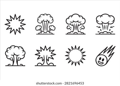 Comic Style Explosion Burst and Smoke Cloud Outline Icons for Game UI