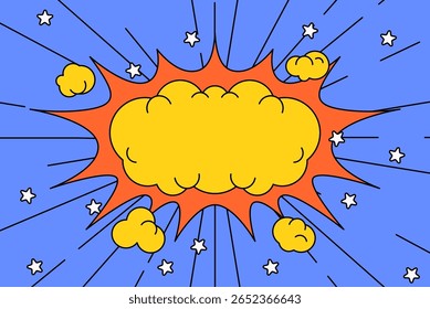 Explosão de estilo cômico com uma nuvem amarela estourando e bordas vermelhas pontiagudas, cercadas por estrelas em um fundo azul. Ótimo para pop art, ação retrô e quadrinhos energéticos