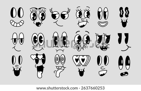 Comic style facial expressions set. Funky vector. Psychedelic. Vintage and retro style. Cute character. Smile, eyes, nose. Joyful, happy, sad, angry. Groovy collection. Emotions. Mascot stickers