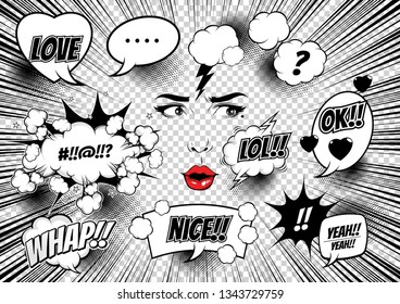 Comic Style, Female Faces, pop art speech bubbles, doodle art, Vector illustration, you can place relevant content on the area.