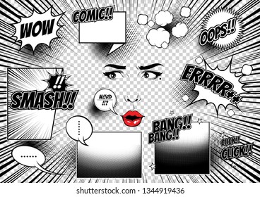 Comic Style, Female Faces, pop art speech bubbles, doodle art, Vector illustration, you can place relevant content on the area.