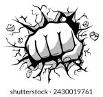 Comic style fist punched through stone wall. Vector on transparent background