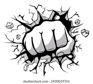 Comic style fist punched through stone wall. Vector on transparent background