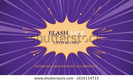 Comic style flash sale background with purple rays and yellow burst ideal for promotions and discount banners for limited time offers and cashback announcements