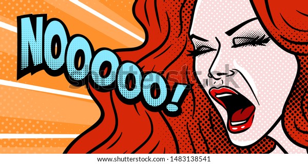 Noと叫ぶコミカルな女の子 ショックを受けた怒った表情 顔の接写 美しい赤毛の若い女性 ポップアート ベクターイラスト のベクター画像素材 ロイヤリティフリー