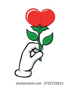 Mão estilo cômico segurando flor em forma de coração. Modelo de amor romântico vetor para o Dia dos Namorados ou casamento no fundo transparente