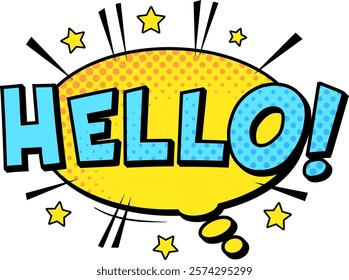 Comic style Hello text emerging from a speech bubble, adorned with stars and halftone dots. Perfect for greeting cards, social media posts, or website banners