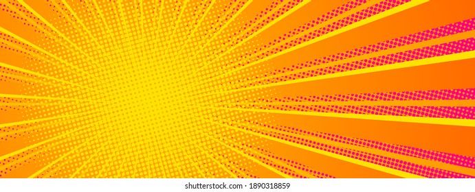 Horizontalbanner im Comic-Stil mit Radialbalken für die Produktpräsentation. Hell orangefarbene Rot und Gelb. Vektorgrafik