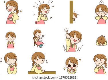 Comic style housewife and female nursery teacher's expression various sets