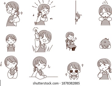 Comic style housewife and female nursery teacher's expression various sets