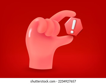 Comic style human hand with stop sign. 3d vector illustration

