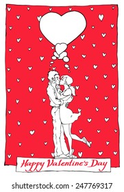  Comic style Illustration with Kissing couple on a red background  St. Valentine's Day Concept.     