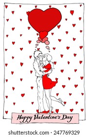 Comic style Illustration with Kissing couple and with red hearts St. Valentine's Day Concept.  