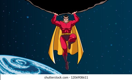 Comic style Illustration of powerful and brave superhero holding huge asteroid above his head during dangerous mission.