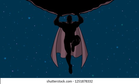 Comic style Illustration of powerful and brave superhero holding huge asteroid above his head.