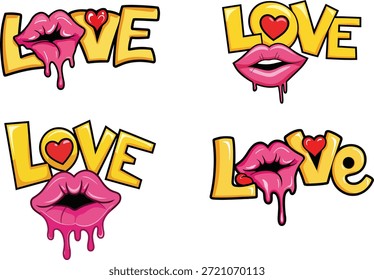 Texto del amor del estilo del cómic con los labios que se derriten y el sistema del icono del corazón