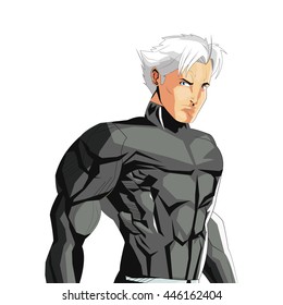comic style male superheroe with black uniform and white hair icon