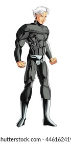 comic style male superheroe with black uniform icon
