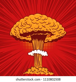 Comic style nuclear explosion on pop art style background. Design element for poster, card, banner, flyer. Vector illustration