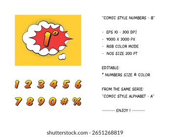 Números de estilo cômico para suas obras de arte. Você pode alterar a cor e o tamanho dos números no painel camadas. Se você gosta do estilo gráfico, por favor, verifique também "Comic Style Alphabet - a" da mesma série. Divirta-se!