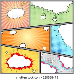 Comic style page pop-art vintage background - page strip with dot and beam fun designs. Vector illustration