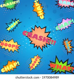 Comic style page with the words Crash, oops, what, chap, bang. Comic book style background. Vector illustration