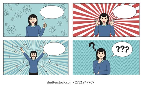 Paneles de estilo cómico que muestran a una niña con diferentes expresiones faciales como alegría, shock, victoria y contemplación reflexiva.